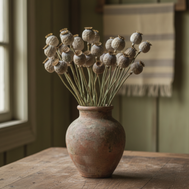 beautifully arranged bouquet of dried Papaver somniferum pods 