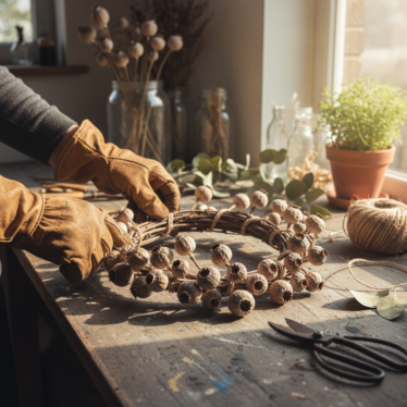 arranging dried poppy pods  wreath