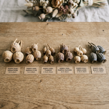 Different sizes and types of dried papaver poppy pods displayed on a wooden table