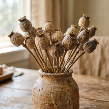 Dried botanical poppy pods used in a rustic home decor floral arrangement.