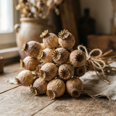 A close-up view of high-quality dried opium poppy pods used for floral arrangements.