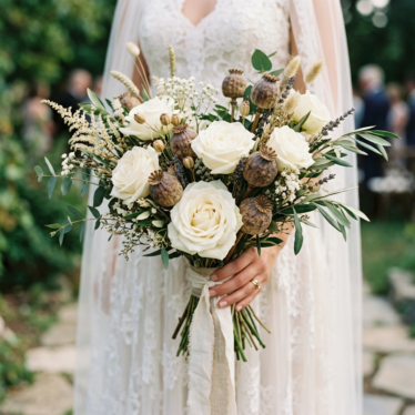 Elegant bridal bouquet combining fresh white roses and textured dried poppy pods.