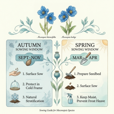 Seasonal planting calendar showing the best times to sow blue poppy seeds in fall and spring.