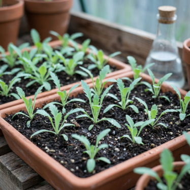Blue poppy seedlings growing in seed trays after successful germination.