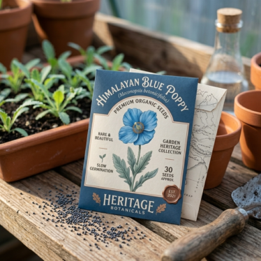 Organic Non-GMO Blue Poppy Seeds" on a wooden table. Alt text: "Packet of organic non-GMO blue poppy seeds on a rustic wooden surface.