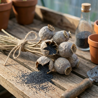 Dried heirloom blue poppy pod seeds used for decoration and seed saving