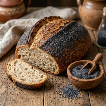 Freshly baked bread topped with culinary poppy seeds next to a bowl of seeds.