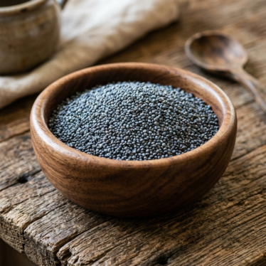 Fresh organic blue poppy seeds in a wooden bowl ready to buy online.
