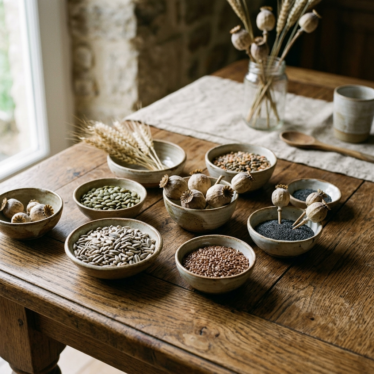 Assorted dried seeds and poppy pods in small bowls on a wooden table