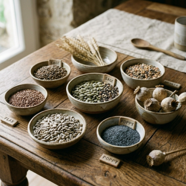 Close-up comparison of different dried seed varieties, including poppy seeds and sage
