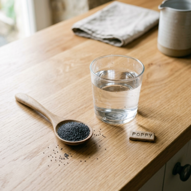 Spoonful of dried poppy seeds beside a glass of water on a clean kitchen counter