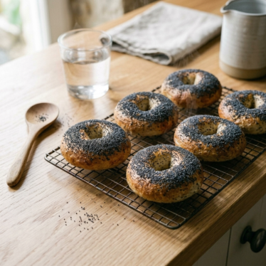 Freshly baked poppy seed bagels cooling on a wire rack