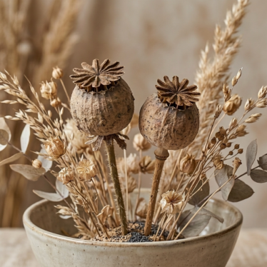 Dried poppy pods arranged in a decorative floral display for ornamental use