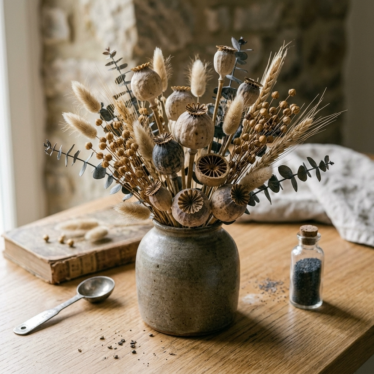 Rustic dried floral arrangement featuring poppy pods in a ceramic vase