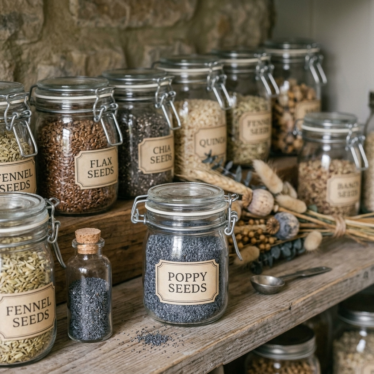 Dried seeds stored in labeled airtight glass jars on a pantry shelf