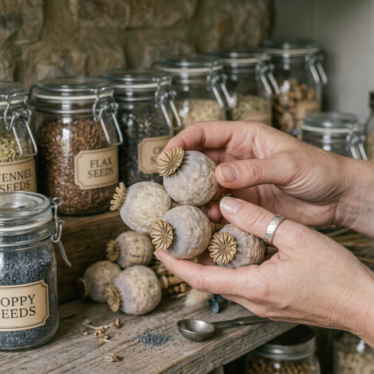 Hands inspecting high-quality dried poppy pods for freshness and shape