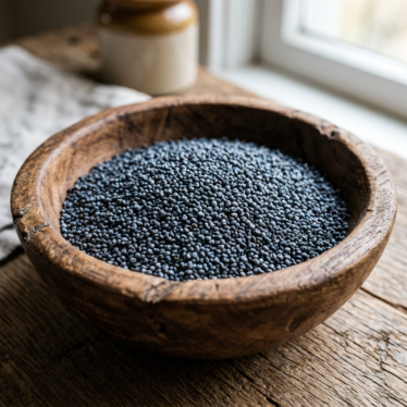 Heirloom blue poppy seeds displayed in a small wooden bowl, showing their deep slate-blue color and tiny rounded shape.