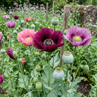 A field of Papaver somniferum poppy plants in bloom, with developing green seed pods visible among the flowers.