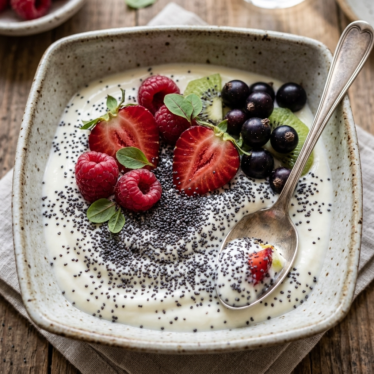 A breakfast bowl of yogurt topped with fresh fruit and a sprinkle of blue poppy seeds.