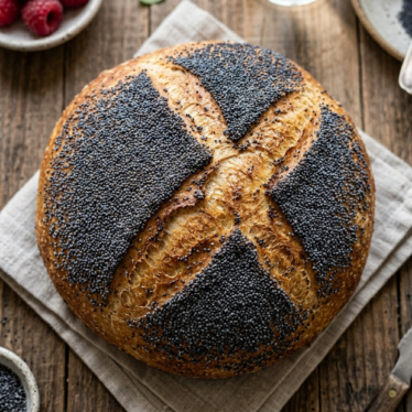 A golden loaf of bread topped with a thick sprinkle of blue poppy seeds, fresh from the oven.