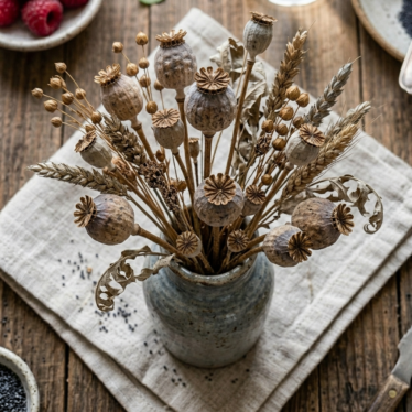 A rustic bouquet of dried poppy pods displayed in a ceramic vase as home décor.