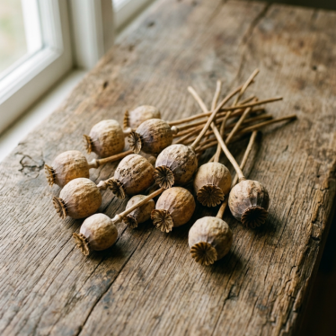 Close-up of dried poppy seed pods arranged on a wooden surface with natural lighting]