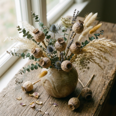 Dried poppy pods used in a decorative floral arrangement