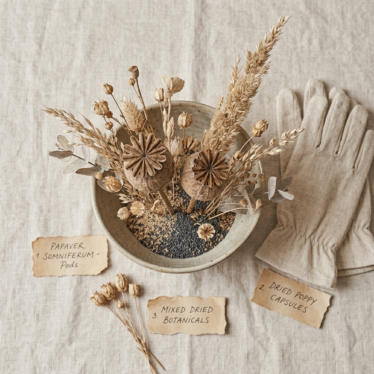 Dried botanical poppy pods displayed with handling labels and safety gloves