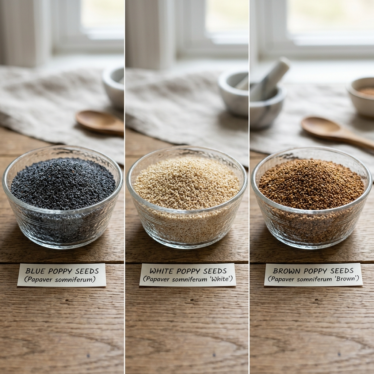 Side-by-side comparison of blue, white, and brown poppy seed varieties