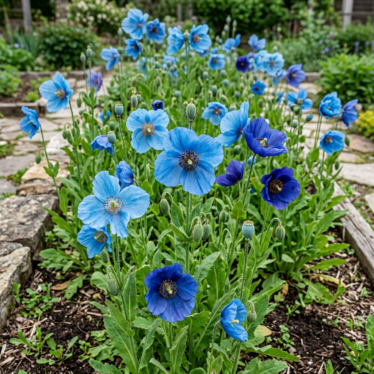 Non-GMO blue poppy seeds and blue-toned poppy blooms growing in a heritage garden bed.