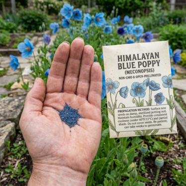 Hand holding non-GMO blue poppy seeds beside a heritage seed packet labeled with propagation method.