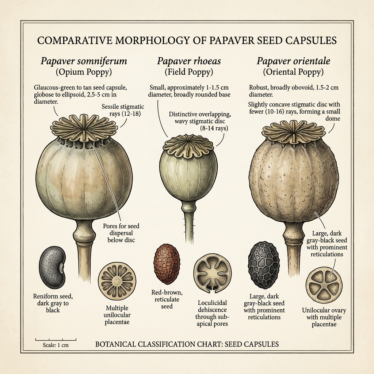 Botanical classification chart comparing Papaver somniferum, Papaver rhoeas, and Papaver orientale seed capsules.