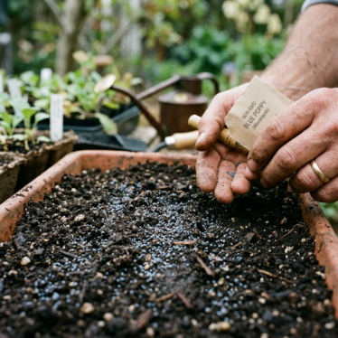 Non-GMO blue poppy seeds being surface-sown thinly into prepared, well-drained garden soil.