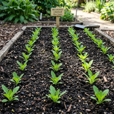 Healthy blue poppy seedlings thinned and spaced in well-drained soil with good airflow.