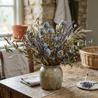 Decorative arrangement featuring dried blue poppy pods with lavender and dried foliage in a ceramic vase.