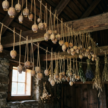 Poppy seed capsules hanging upside down to air dry in a ventilated, low-light space.