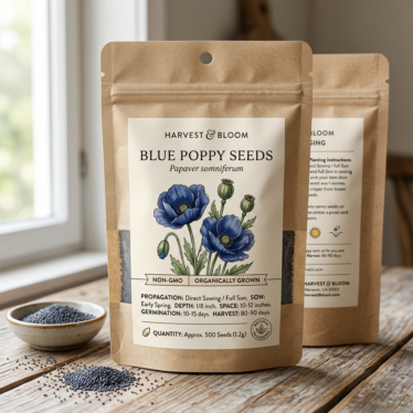 Packaged non-GMO blue poppy seeds labeled with Papaver species, propagation method, and quantity.