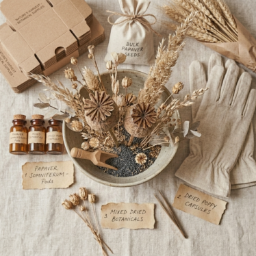 Packaged dried botanical pods prepared for transparent ornamental sourcing