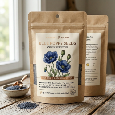 Premium non-GMO blue poppy seed packaging ready for online purchase from a specialist supplier.