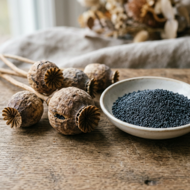 Dried papaver somniferum seeds and pods on a wooden surface.
