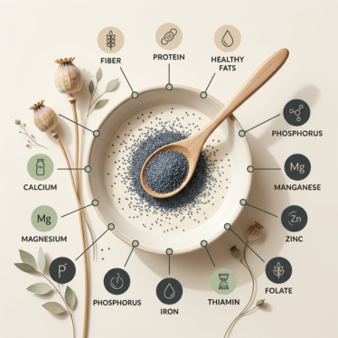 Infographic showing nutrients and poppy seed health benefits.