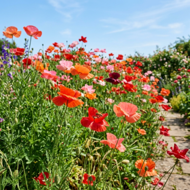 Papaver somniferum poppies growing in a home garden.