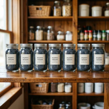 Papaver seeds stored in airtight jars for freshness.