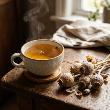 Poppy tea brewed from dried papaver poppy pods.