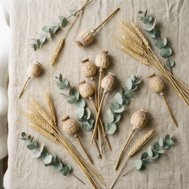 Dried poppy pods arranged with wheat and eucalyptus for a floral craft project.