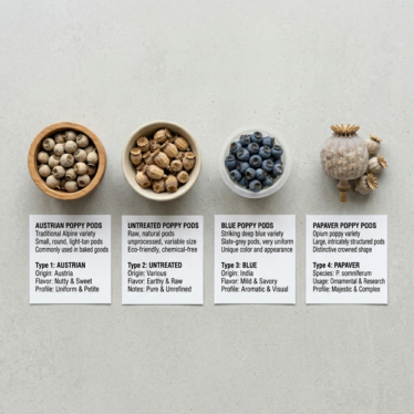 Comparison flat-lay of Austrian, untreated, blue, and Papaver dried poppy pods.