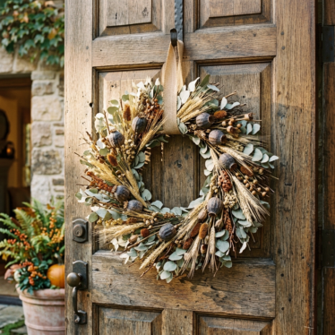 Rustic autumn wreath featuring dried poppy pods, wheat, and eucalyptus.