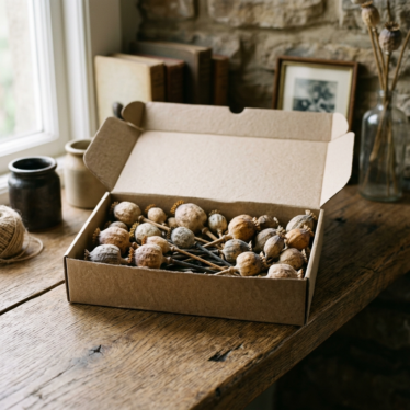 Dried poppy pods stored in a breathable paper container away from direct sunlight.
