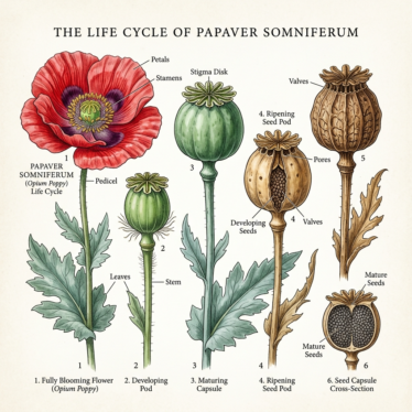 Poppy plant lifecycle diagram showing flower, green pod, and dried seed pod stages.
