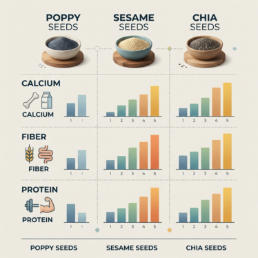Nutritional comparison chart of poppy seeds, sesame seeds, and chia seeds.